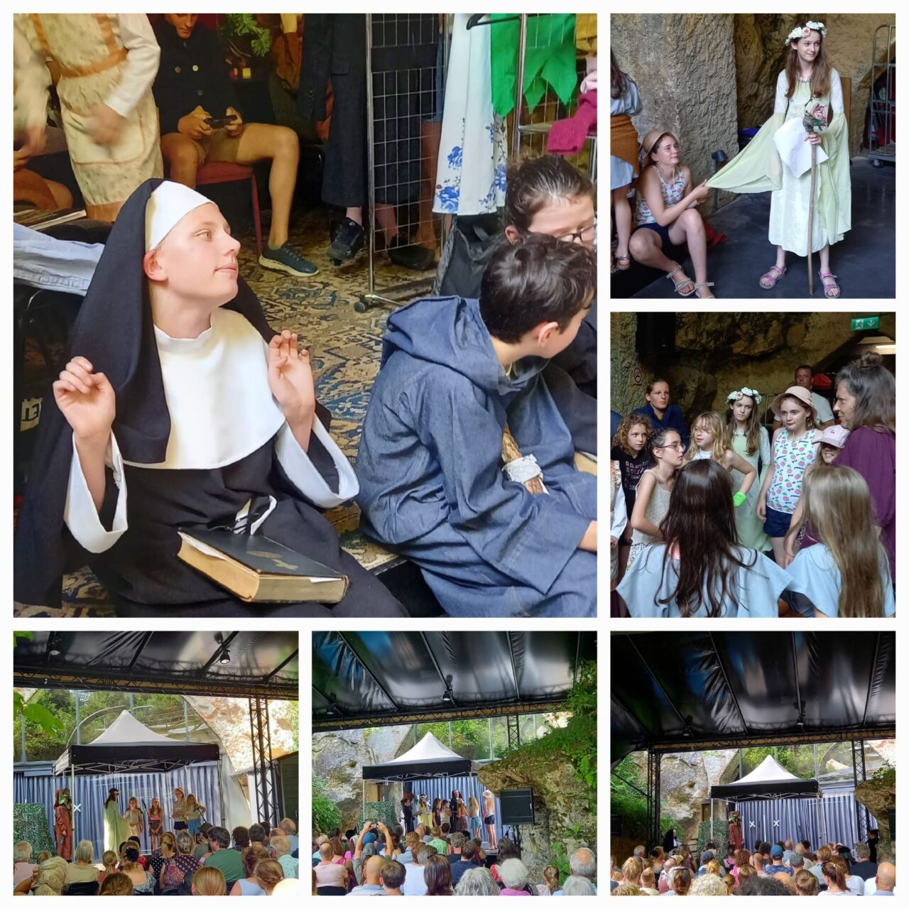 Collage van de jeugdtheatervoorstelling Bernadette in het Openluchttheater Valkenburg: kinderen in kostuum op en achter het podium voor een volle zaal toeschouwers